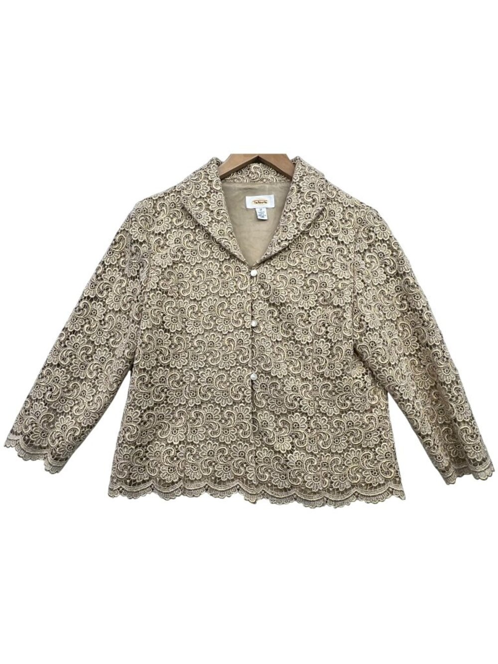 Talbots Women's Metallic Floral Lace Button Front Blazer 3/4 Sleeve Size 10 Gold